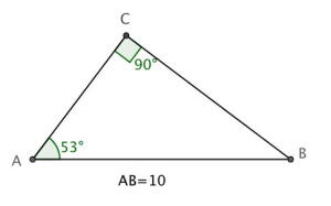 Trekant ABC, der AB=10, vinkelA=53 grader og vinkelC=90 grader.